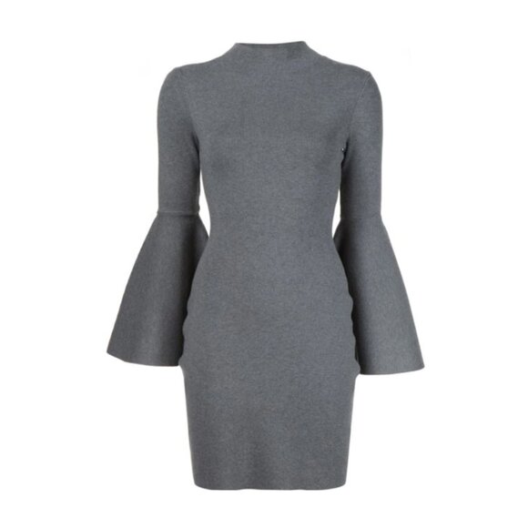 Milly Gray V-Neck Bell Sleeve Stretch Knit Mini Dress – Size P - Picture 2 of 2